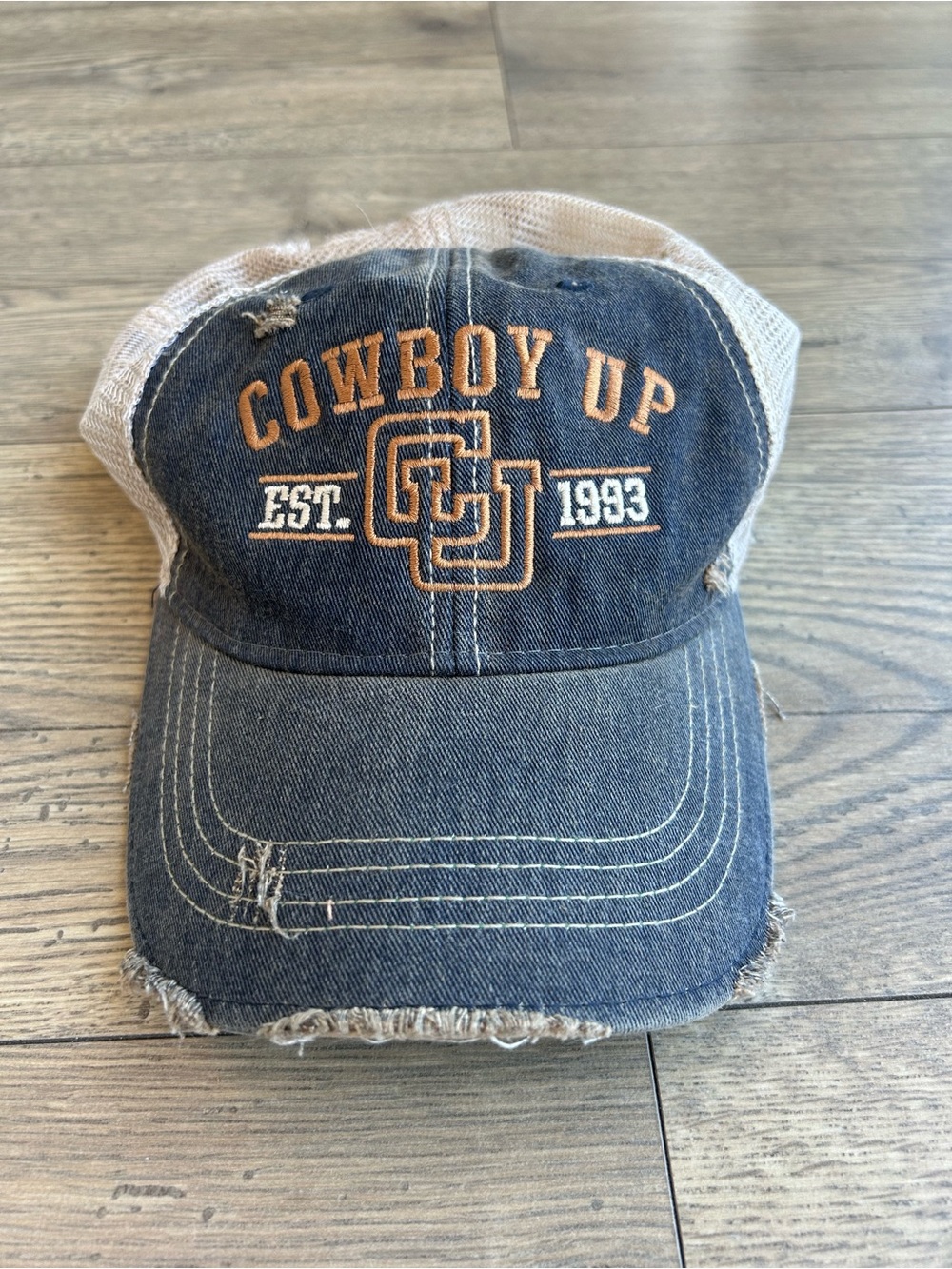 Cowboy Up Trucker Hat - Blue with Tan Embroidery